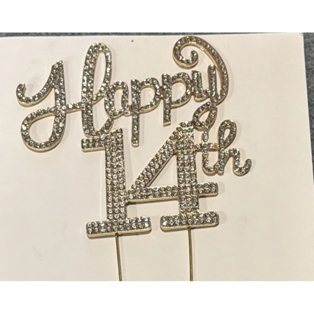 Happy 14th Birthday Cake Topper Rhinestone Crystal Decoration Gold Sparkle